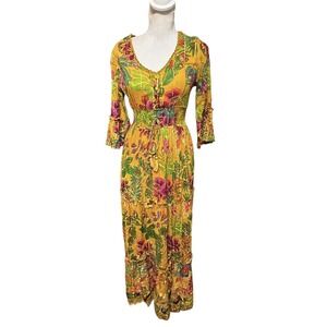 Anthropologie Me 2 Magic Floral Boho  Tropical Maxi Dress Tiered  Yellow Size S